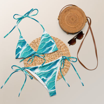 Turquoise White Waves String Bikini