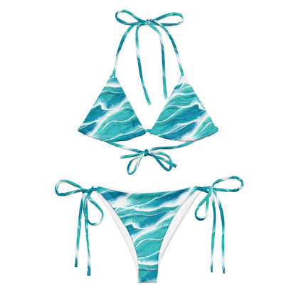 Turquoise White Waves String Bikini