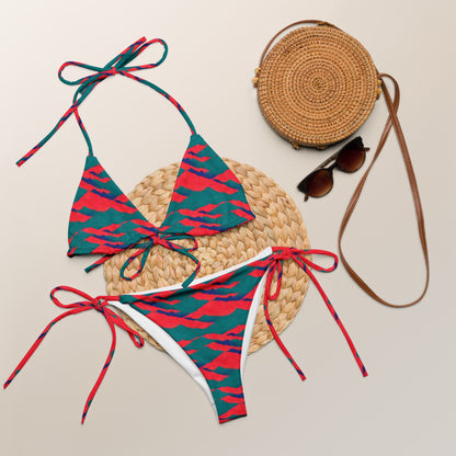 Neon Red Sunset Teal Mountains String Bikini