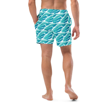 Turquoise White Waves Men's Swim Trunks