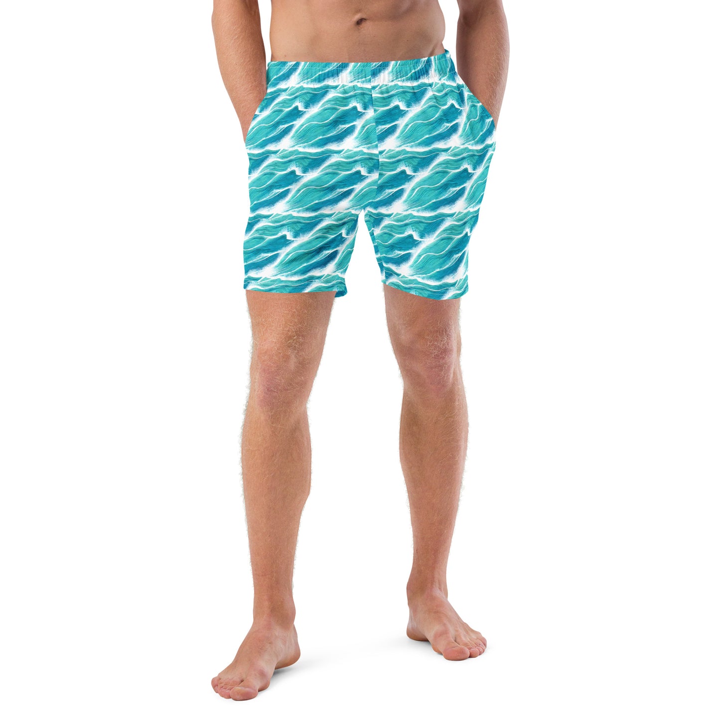 Turquoise White Waves Men's Swim Trunks