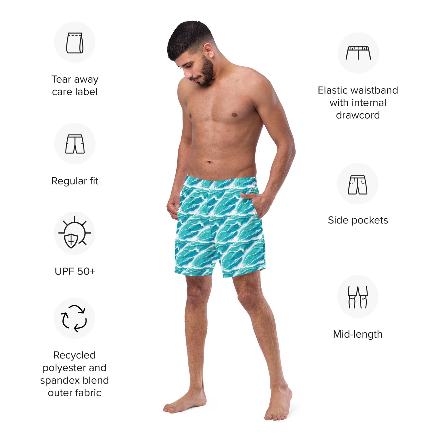 Turquoise White Waves Men's Swim Trunks