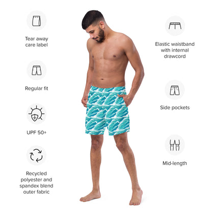 Turquoise White Waves Men's Swim Trunks