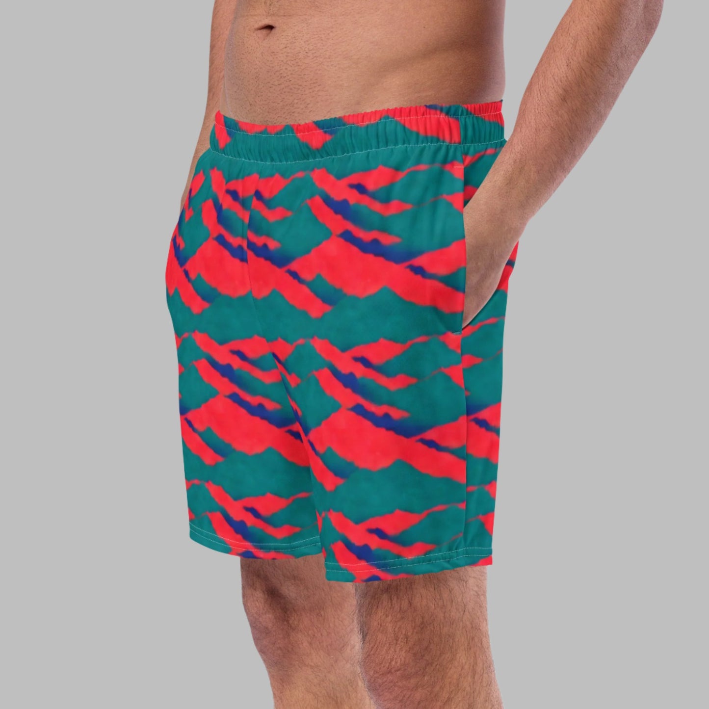 Neon Red Sunset Teal Mountains Men's Swim Trunks