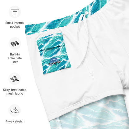 Turquoise White Waves Men's Swim Trunks