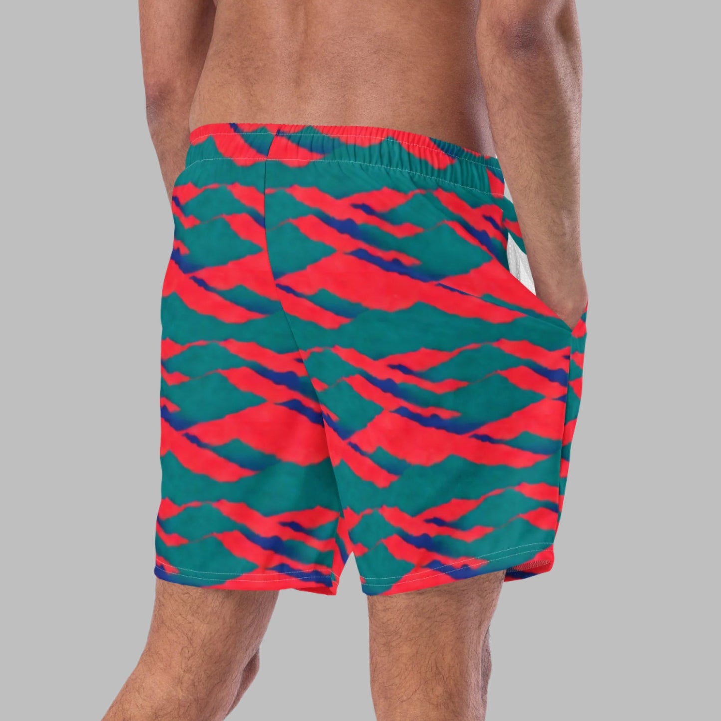 Neon Red Sunset Teal Mountains Men's Swim Trunks