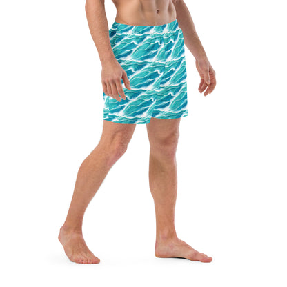 Turquoise White Waves Men's Swim Trunks