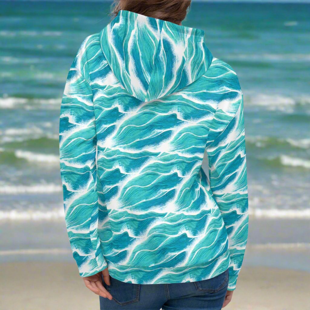 Turquoise White Waves Beach Hoodie Cozy Sweatshirt