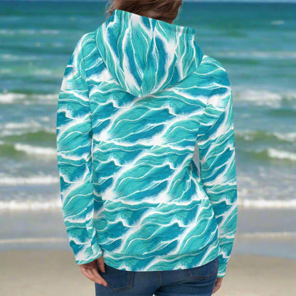 Turquoise White Waves Beach Hoodie Cozy Sweatshirt