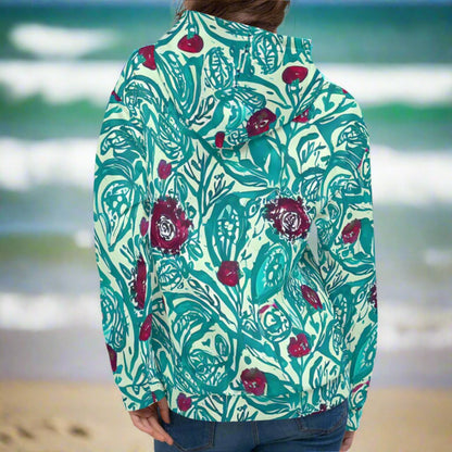 Red Flowers Teal Beach Hoodie Cozy Sweatshirt