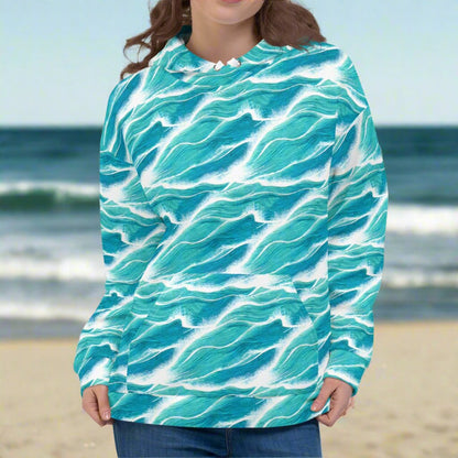 Turquoise White Waves Beach Hoodie Cozy Sweatshirt