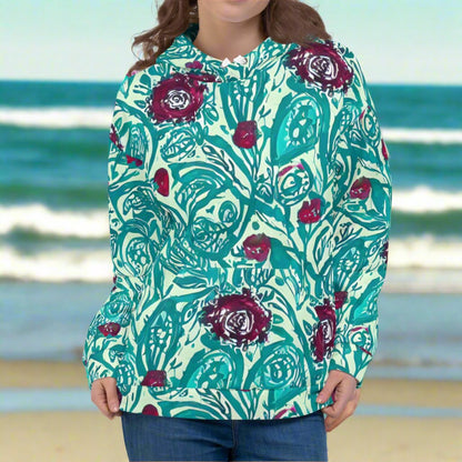 Red Flowers Teal Beach Hoodie Cozy Sweatshirt