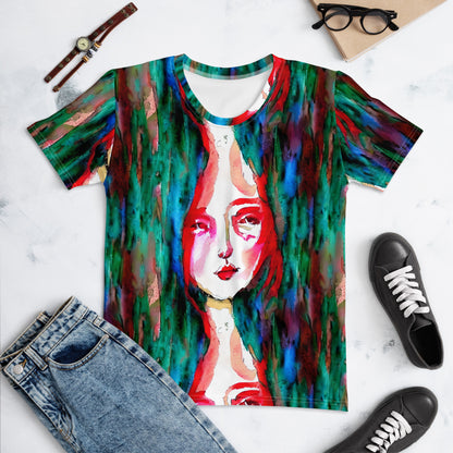 Red Goddess Under Water Watercolor Women's T-Shirt