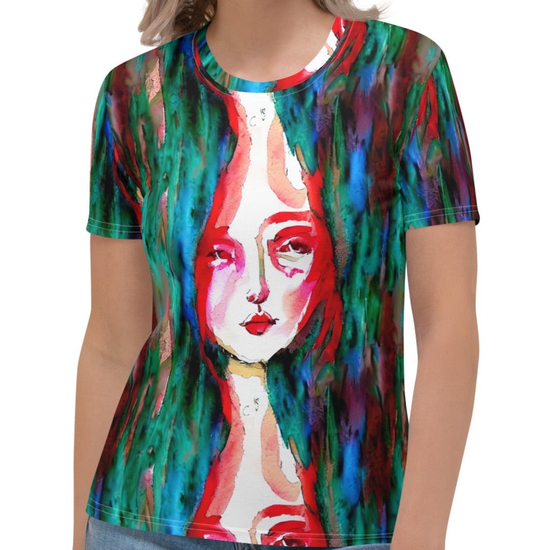 Red Goddess Under Water Watercolor Women's T-Shirt