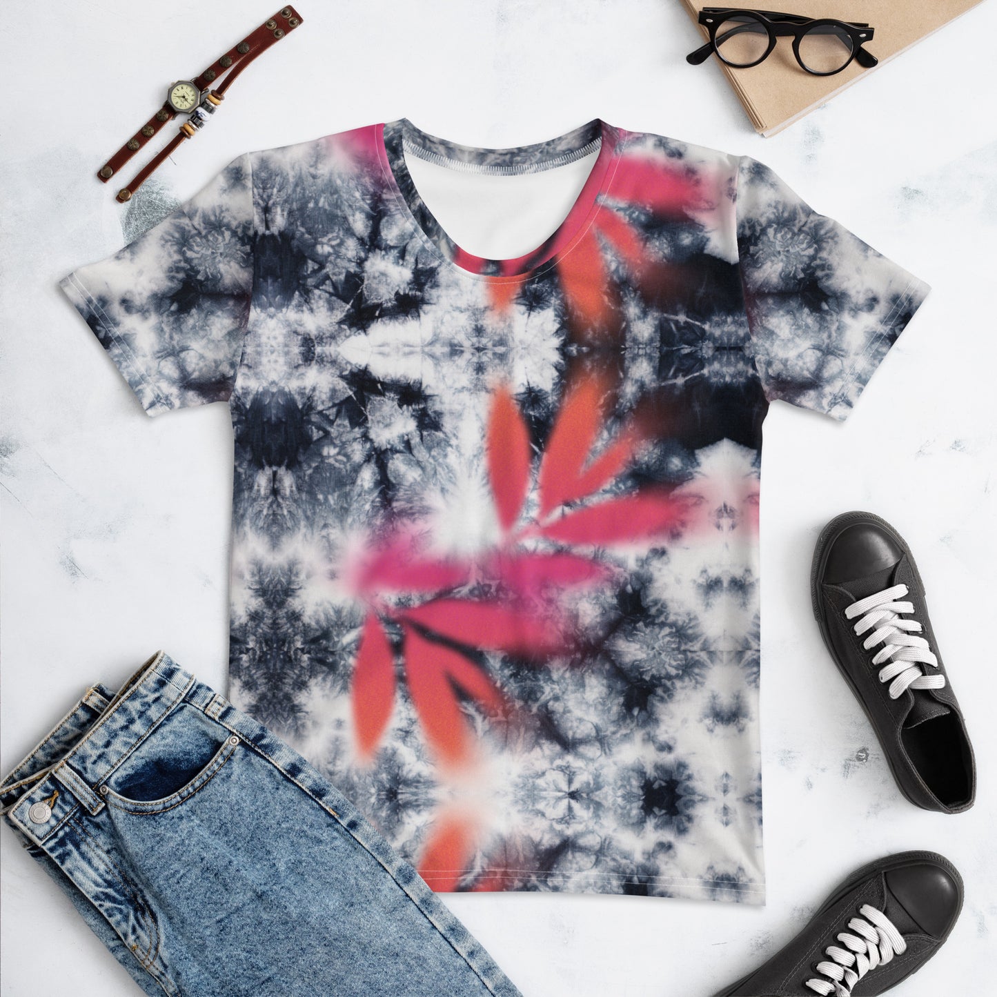 Pink Tropical Spray Paint Black Tie Dye Women's T-Shirt