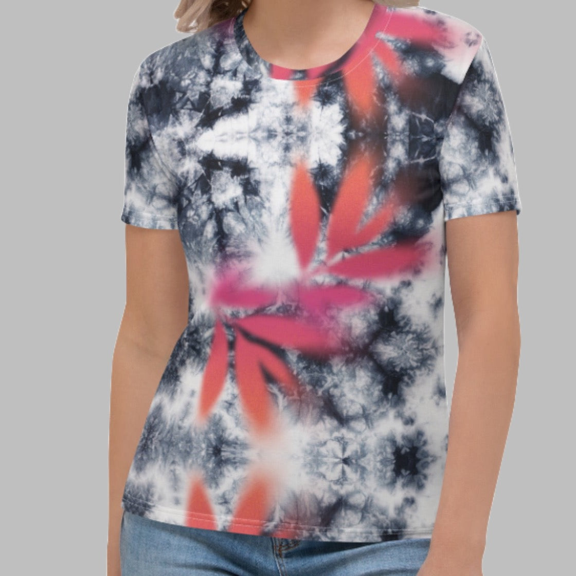 Pink Tropical Spray Paint Black Tie Dye Women's T-Shirt