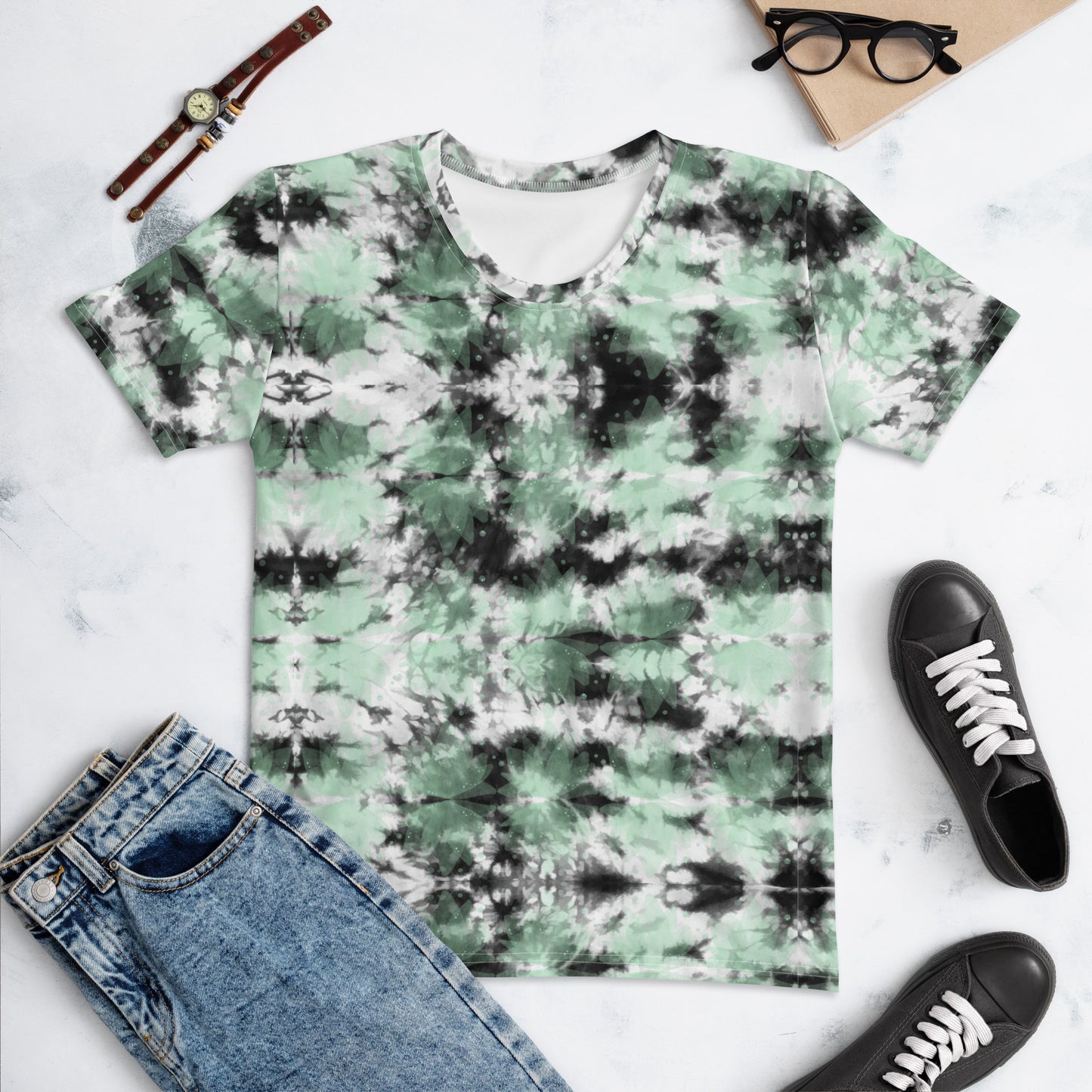 Black Green Leaf Tie Dye Women's T-Shirt