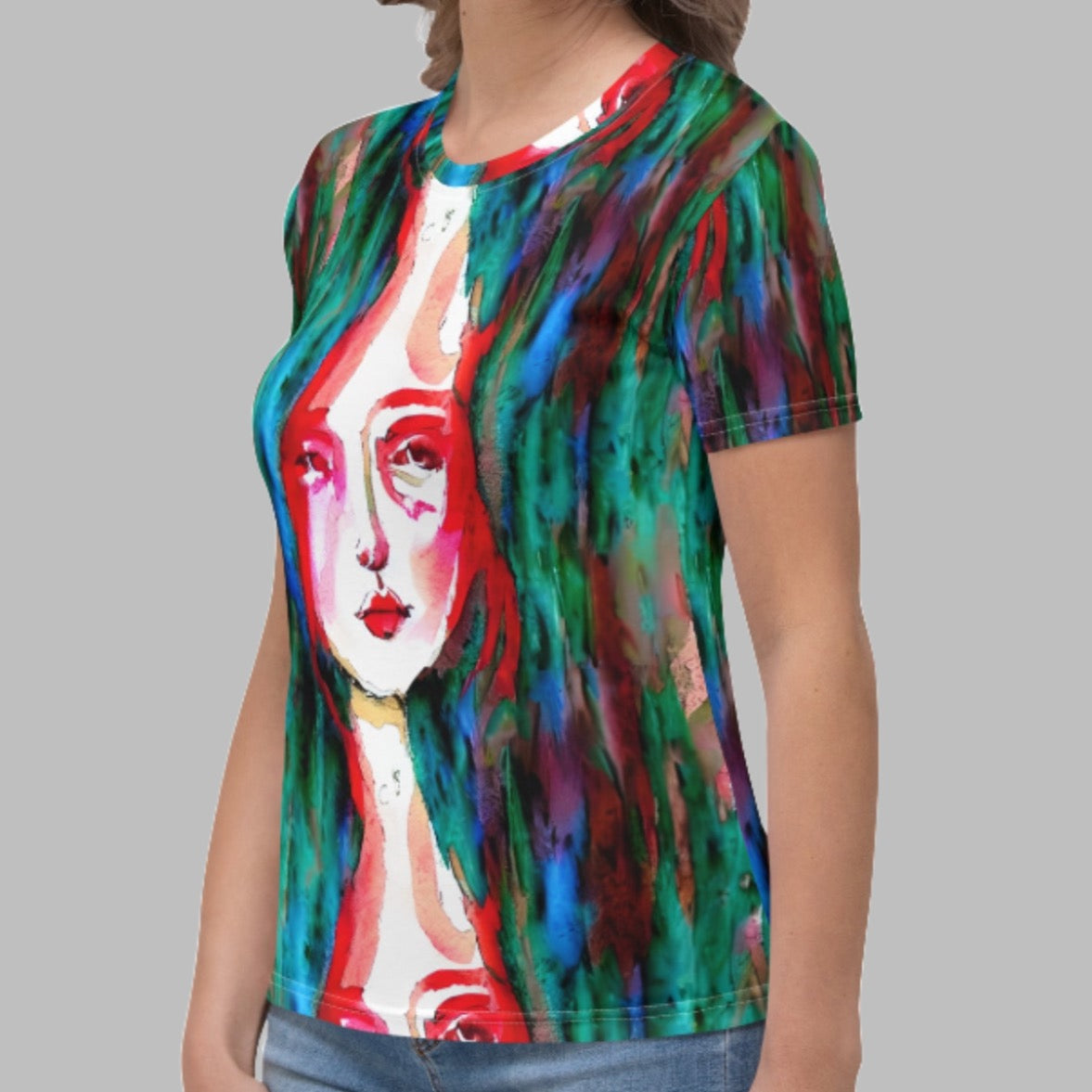 Red Goddess Under Water Watercolor Women's T-Shirt