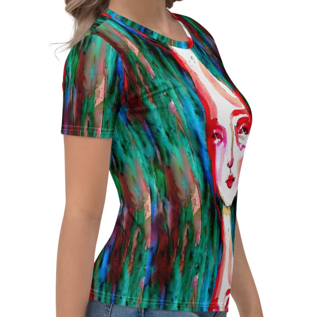 Red Goddess Under Water Watercolor Women's T-Shirt