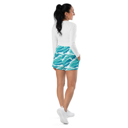 Turquoise White Waves Women’s Athletic Shorts