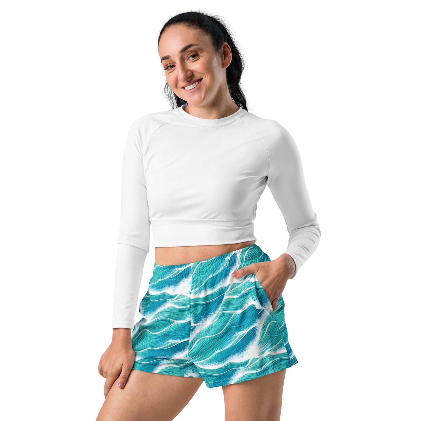 Turquoise White Waves Women’s Athletic Shorts