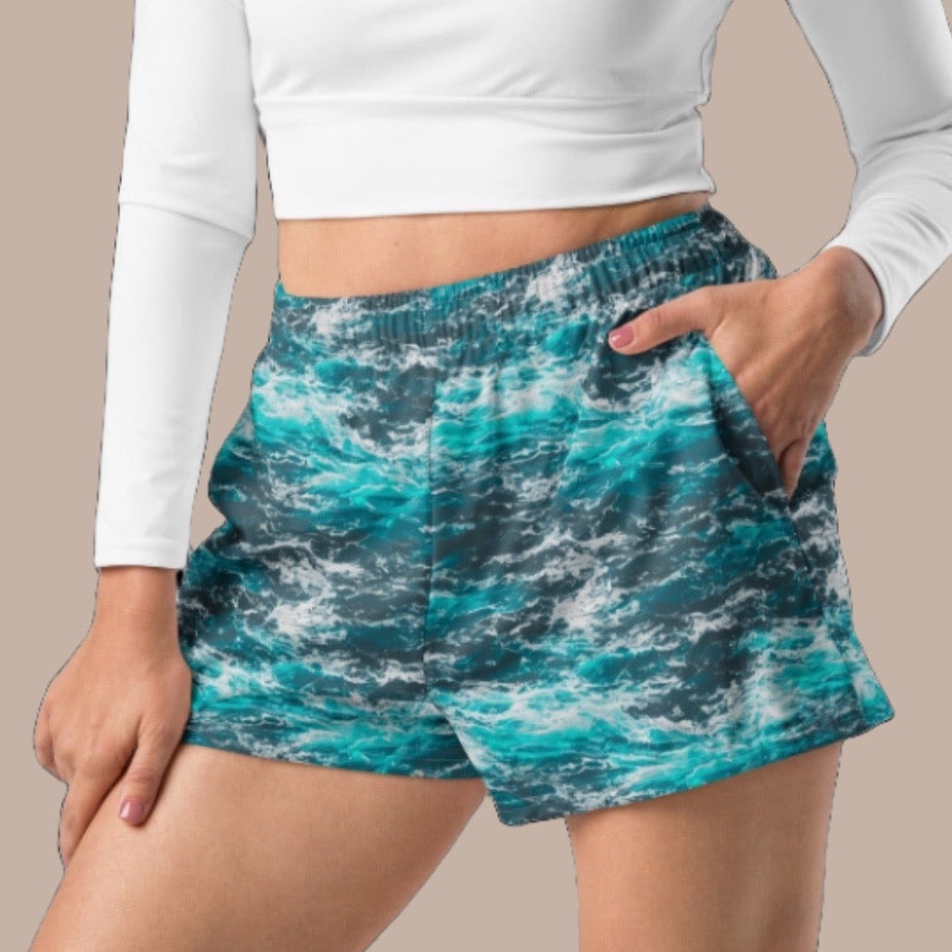 Teal Grey Waves Women’s Athletic Shorts