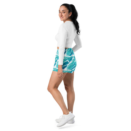 Turquoise White Waves Women’s Athletic Shorts