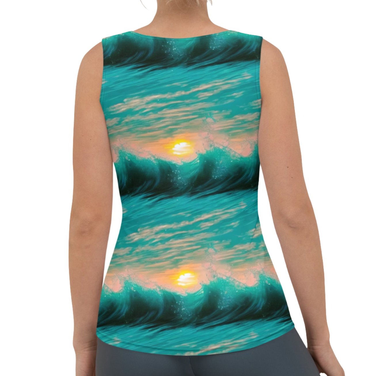 Black Teal Waves Sunset Tank Top