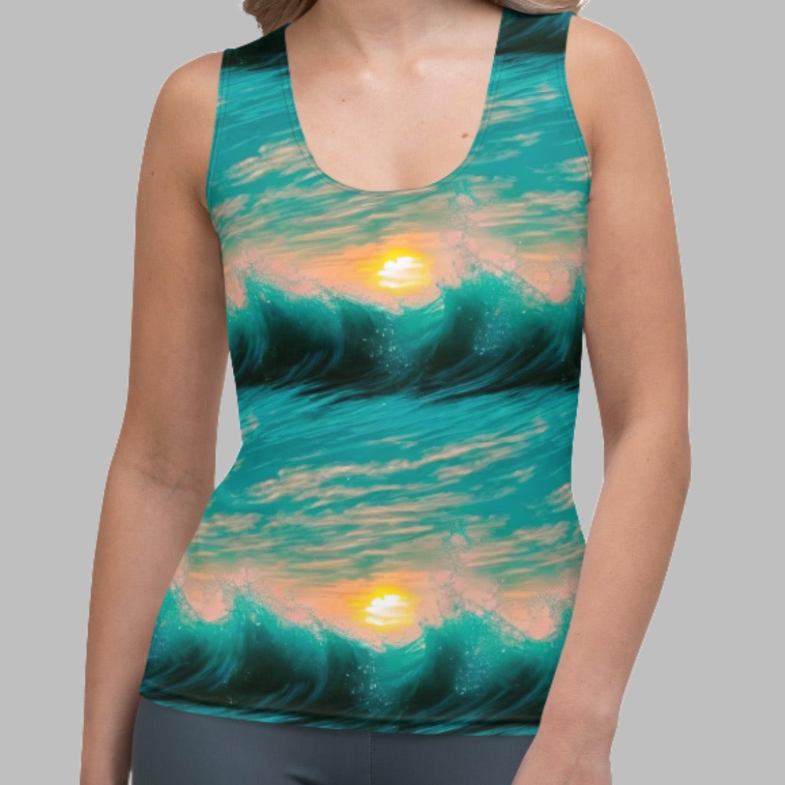 Black Teal Waves Sunset Tank Top