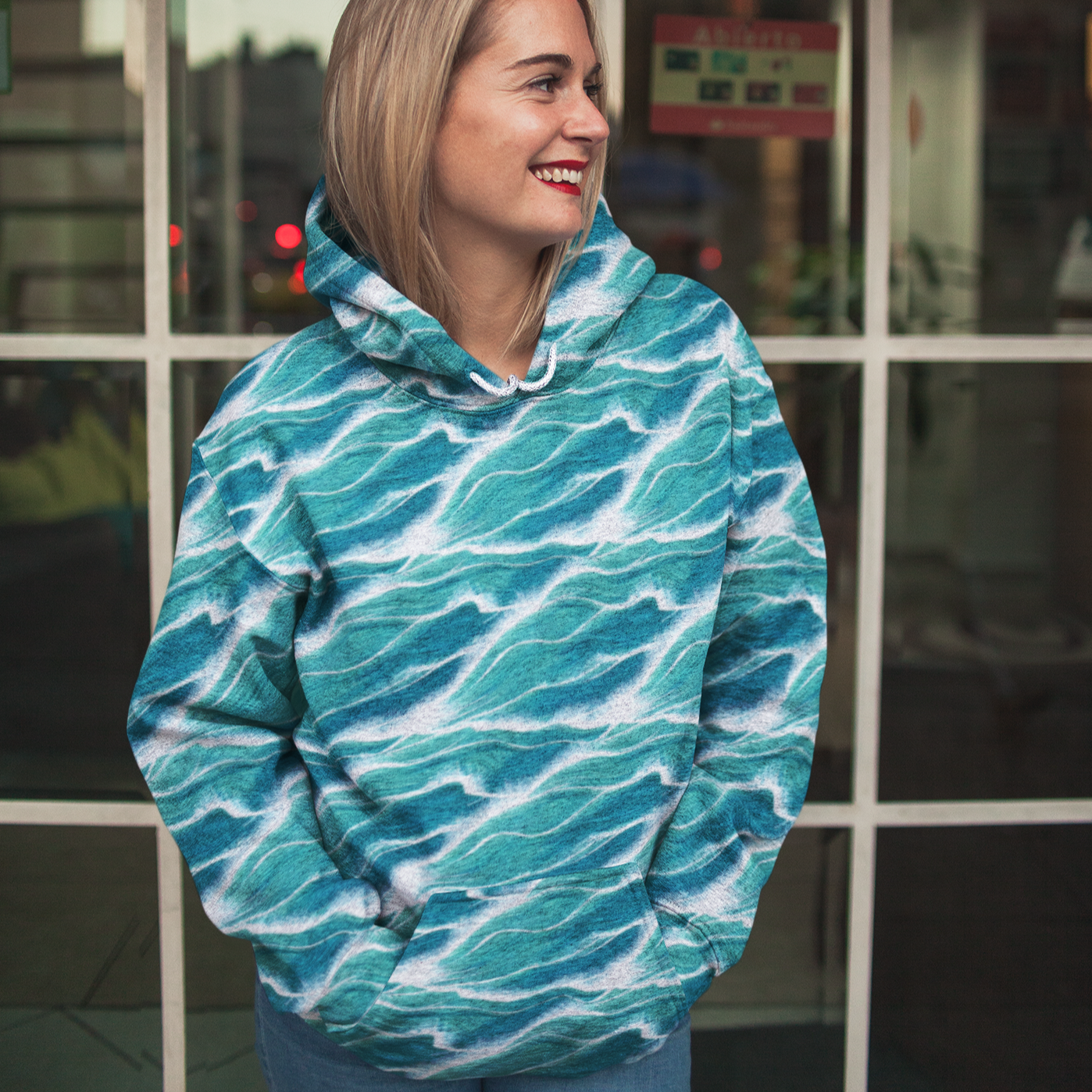 Turquoise White Waves Beach Hoodie Cozy Sweatshirt