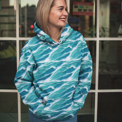 Turquoise White Waves Beach Hoodie Cozy Sweatshirt