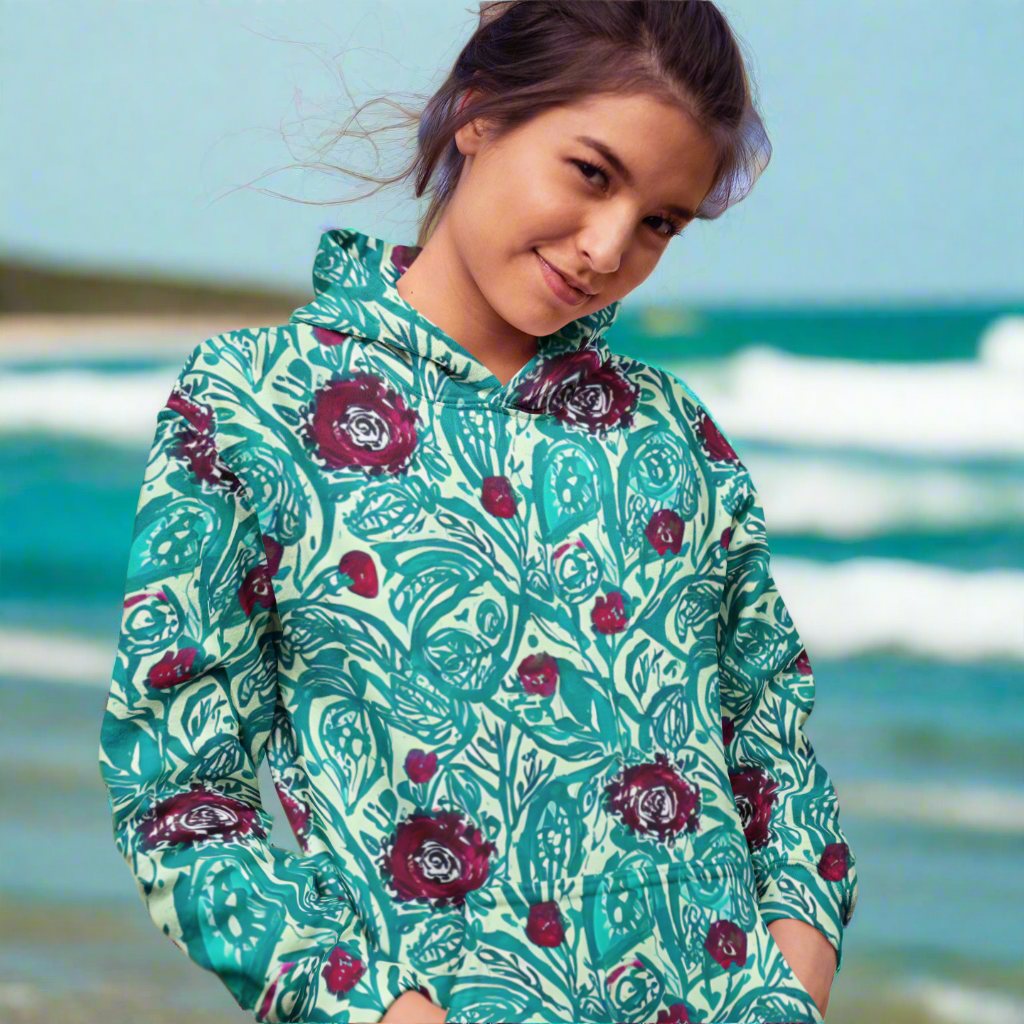 Red Flowers Teal Beach Hoodie Cozy Sweatshirt