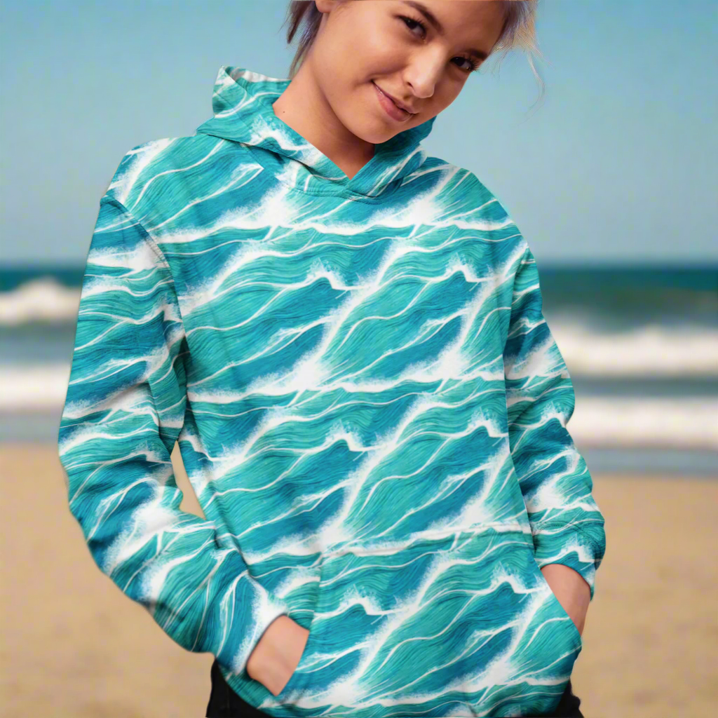 Turquoise White Waves Beach Hoodie Cozy Sweatshirt