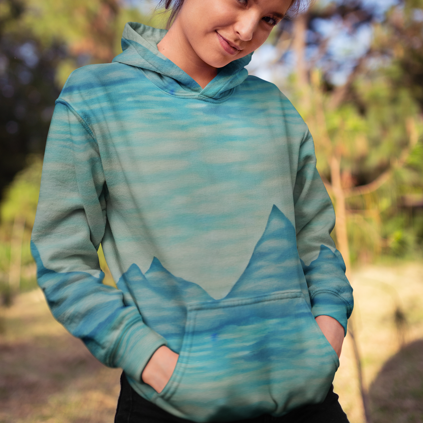 Mountain Fog Teal Beach Hoodie Cozy Sweatshirt