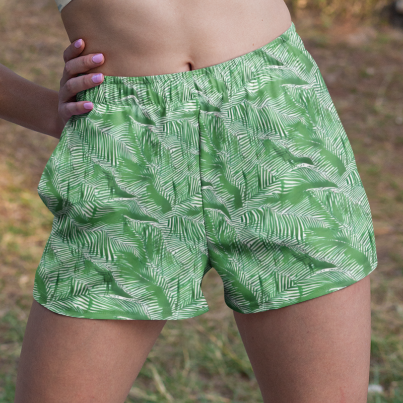 Green White Palm Frond Women’s Athletic Shorts