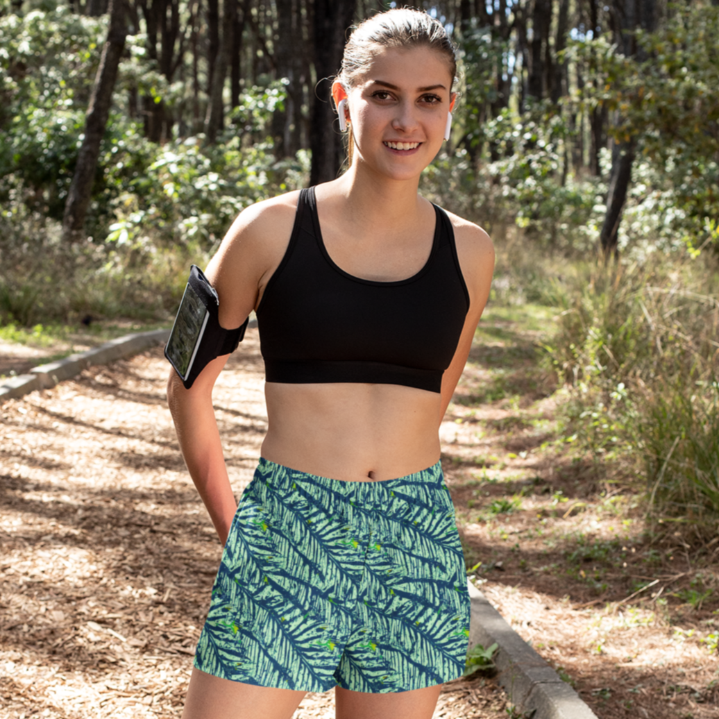 Green Blue Palm Frond Women’s Athletic Shorts