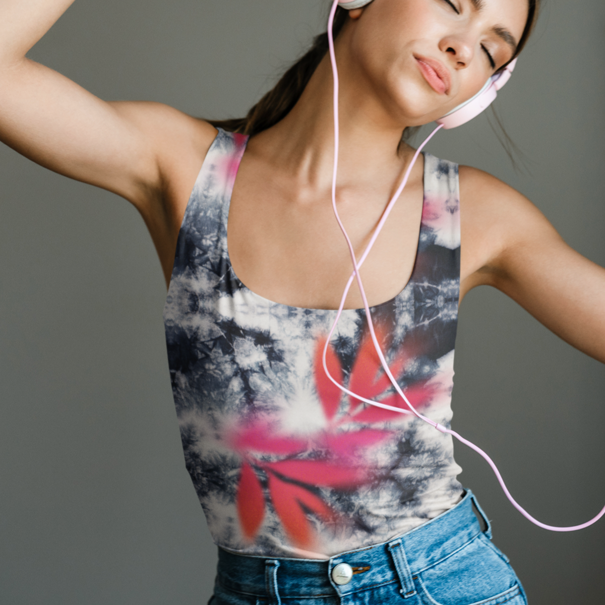 Pink Tropical Spray Paint Black Tie Dye Tank Top