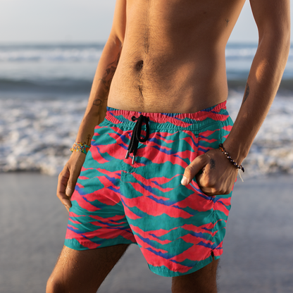 Neon Red Sunset Teal Mountains Men's Swim Trunks