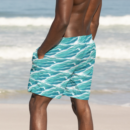 Turquoise White Waves Men's Swim Trunks