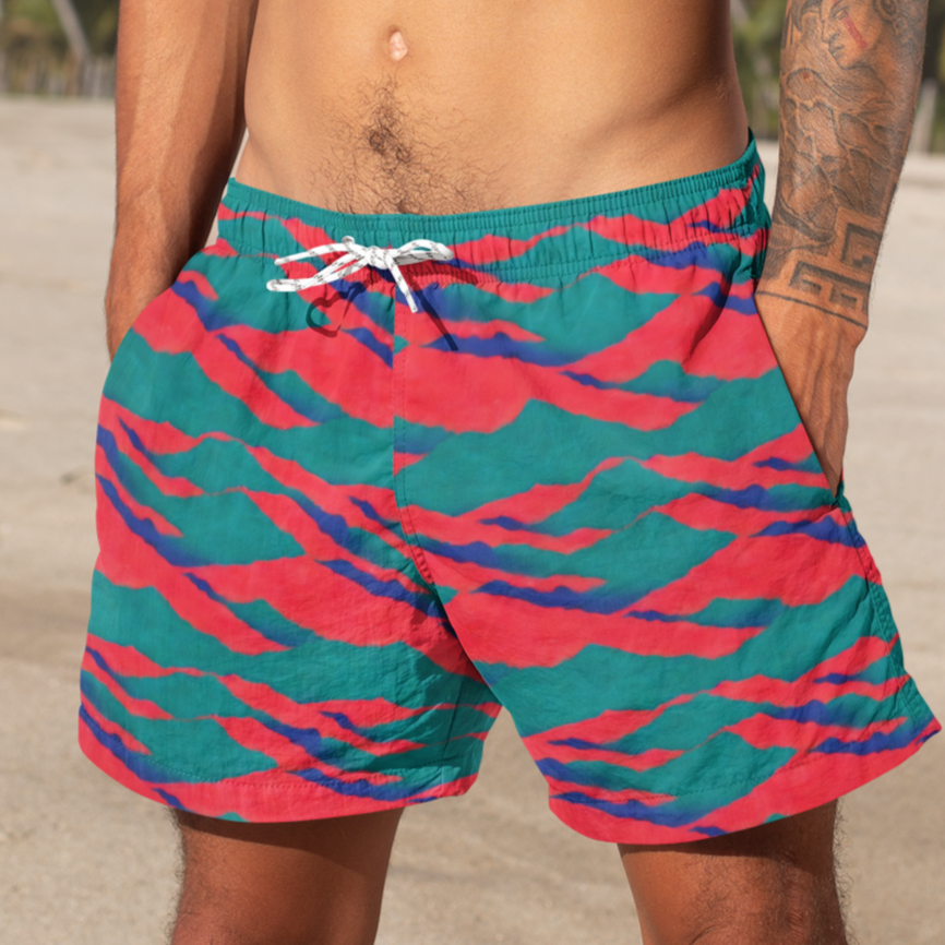 Neon Red Sunset Teal Mountains Men's Swim Trunks