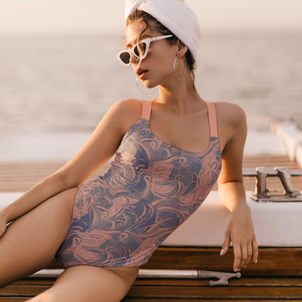 Pink Swirl Art Deco One-Piece Swimsuit