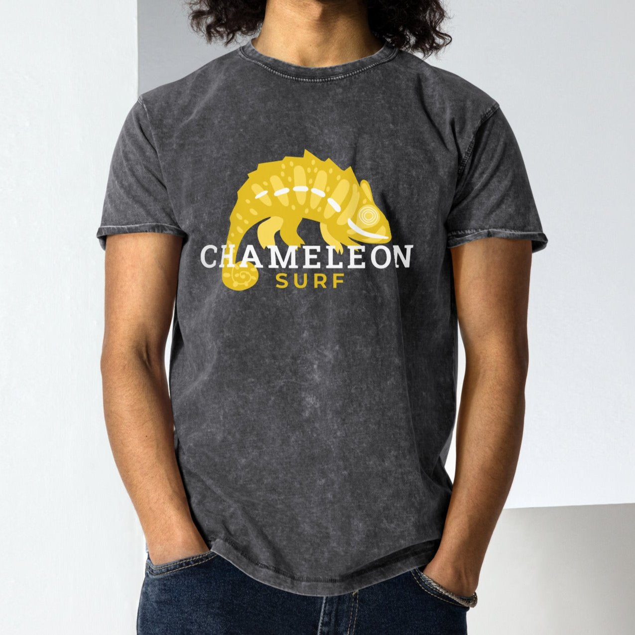 Yellow Chameleon Surf Logo Acid Wash Denim T-Shirt