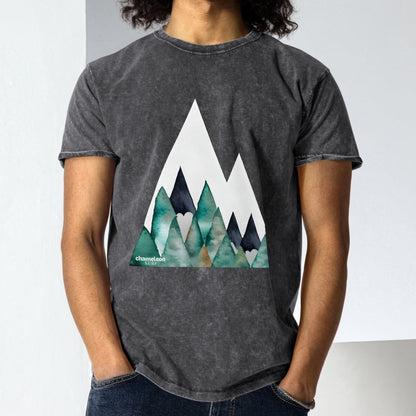 White Peak Green Mountains Acid Wash Denim Men's T-Shirt