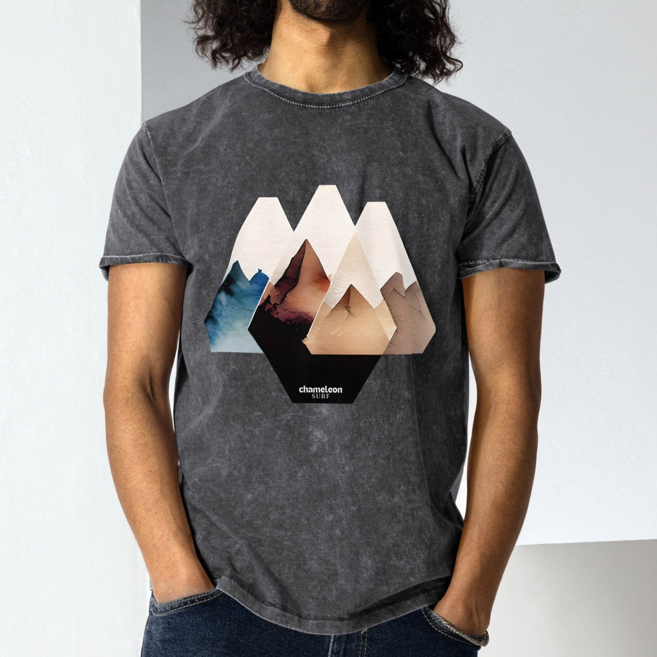 Geo Mountain Scape Acid Wash Denim Men's T-Shirt