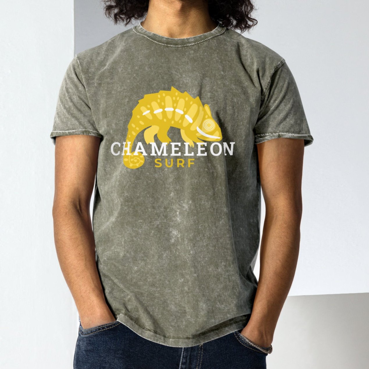 Yellow Chameleon Surf Logo Acid Wash Denim T-Shirt