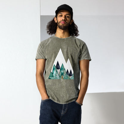 White Peak Green Mountains Acid Wash Denim Men's T-Shirt