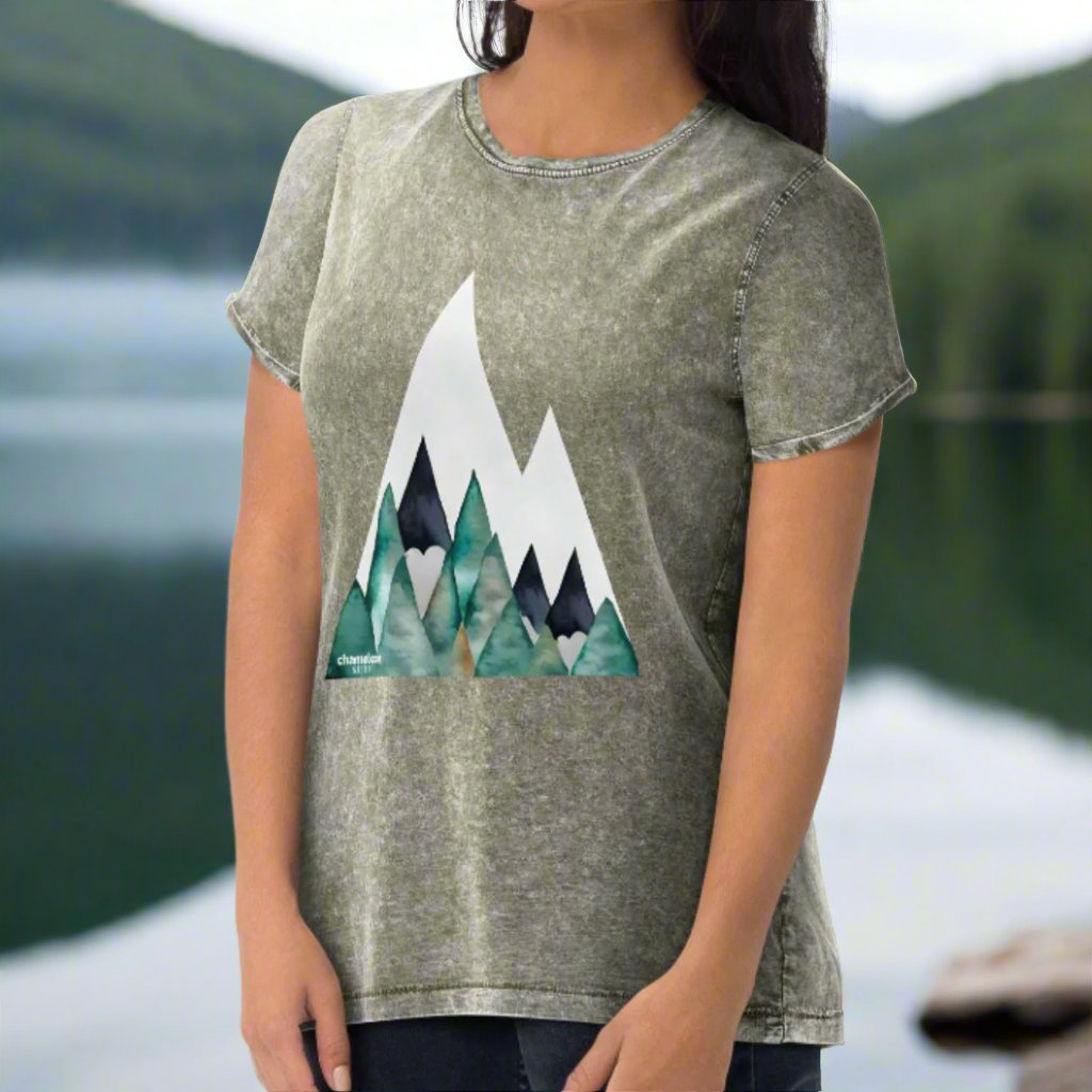 White Peak Green Mountains Acid Wash Denim Women's T-Shirt