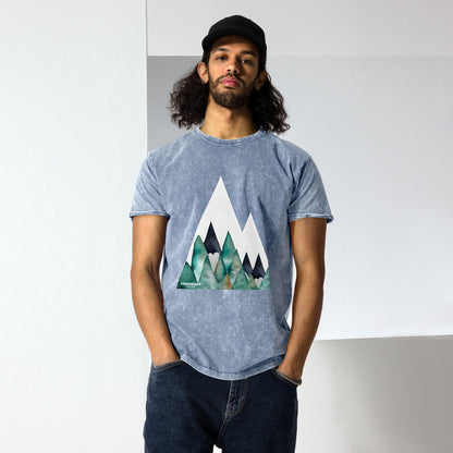 White Peak Green Mountains Acid Wash Denim Men's T-Shirt