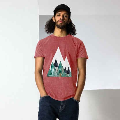 White Peak Green Mountains Acid Wash Denim Men's T-Shirt