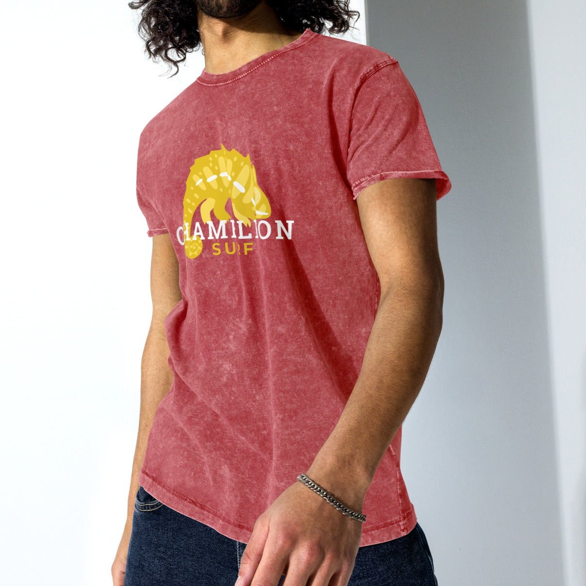 Yellow Chameleon Surf Logo Acid Wash Denim T-Shirt